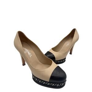 Chanel Beige & Black "CC" Captoe Chain Platform Pumps – Size 38.5
